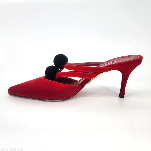 Manolo Blahnik Red Velvet Pom Pom Mule Heels 37.5 (US 6.5-7) - Picture 4 of 15